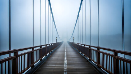 Obraz premium Fog Covered Suspension Bridge Low Angle Perspective