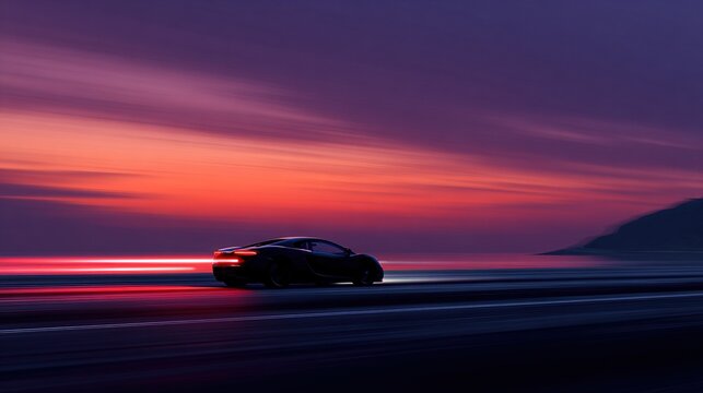 hypercar. Silhouette of a low hypercar speeding on coastal highway at dusk with red taillight trails. mobility guides, transit brochures, designed for transport & logistics marketing.