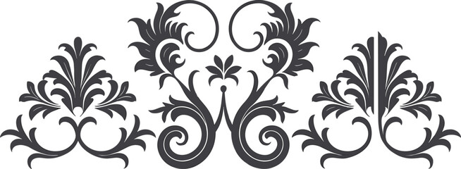 Elegant vintage baroque ornamental flourish set with symmetrical decorative elements, classic Victorian style scrollwork illustration ideal for borders, logos, invitations, and luxury design projects