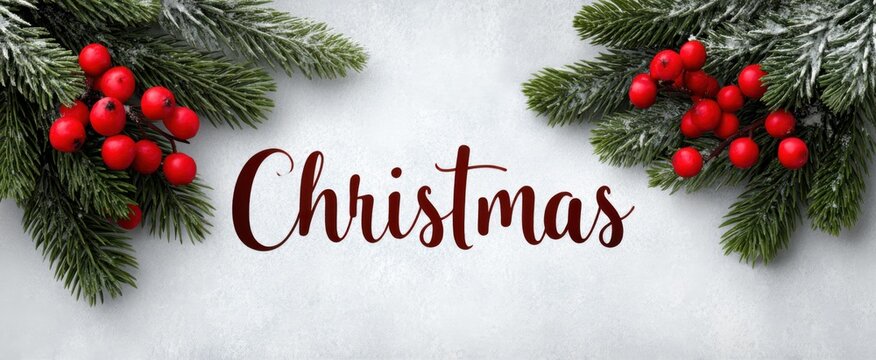 Bright christmas message surrounded by icy pine twigs and scarlet berries