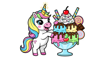 Naklejka premium Unicorn with Rainbow Ice Cream Sundae.