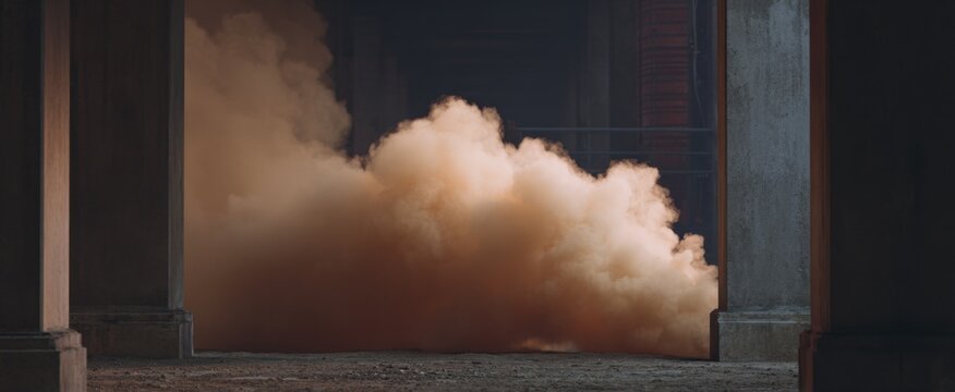 The smoke grenade blooms like a ghostly flower among cold concrete giants.