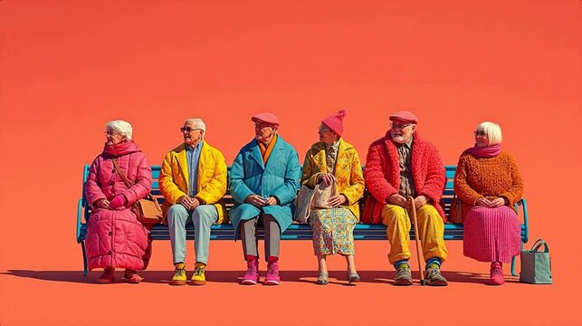 Elderly people in colorful outfits on bench