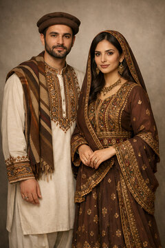 Pashtun Afghan Couple in Traditional Embroidered Cultural Clothing
