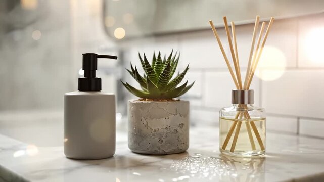 Bathroom counter with soap dispenser, succulent plant, and aromatic reed diffuser for relaxation