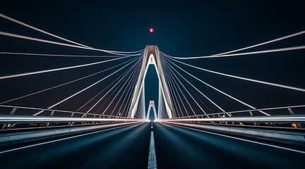 Fototapeta premium Stunning illuminated bridge stretching into the night sky with city lights in the distance