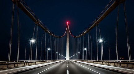 Obraz premium Illuminated bridge with central red light at nighttime