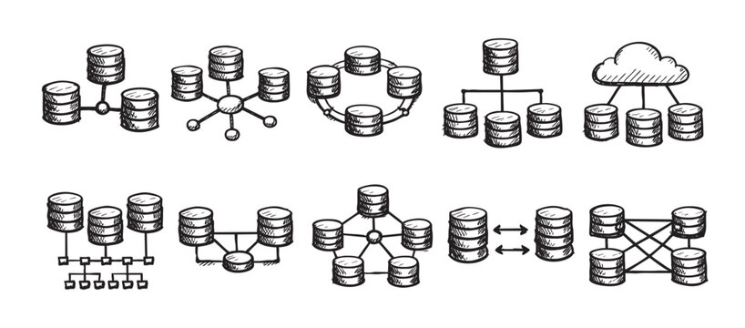 Hand-drawn sketch of database and network diagrams. Illustrates data storage, servers, networking, cloud computing, system architecture, dataflow. Suitable for tech, IT, business, educational use.