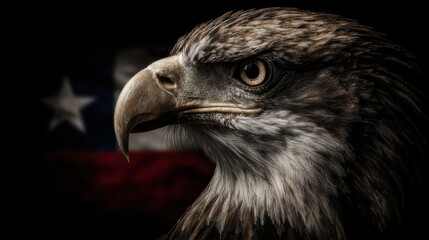 Fototapeta premium Eagle looks to the right with a flag background during a dark setting in a close-up view of its head and eye