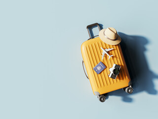 Orange bag with travel accessory. Summer travel concept design on blue background with copy space. 3D Rendering, 3D Illustration © hd3dsh