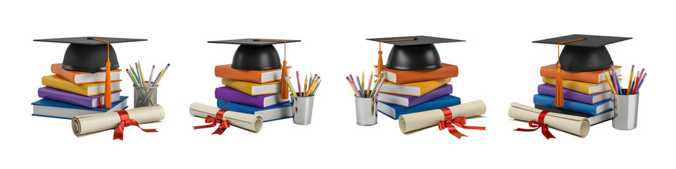 Collection for Graduation icons with books isolated on transparent background