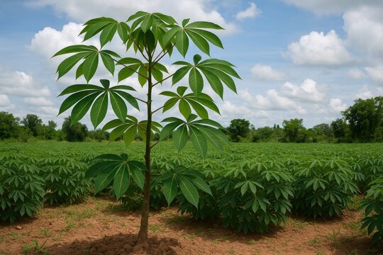 Young cassava plant in field