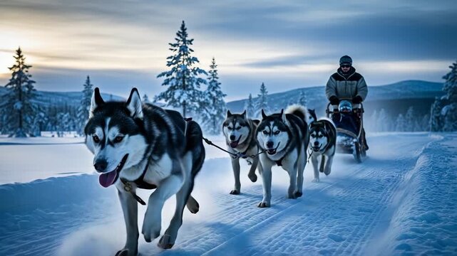 Sled Dogs Huskies Running through Snowy Winter Landscape