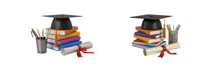 Collection for Graduation caps and books with diplomas and stationery items isolated on transparent background