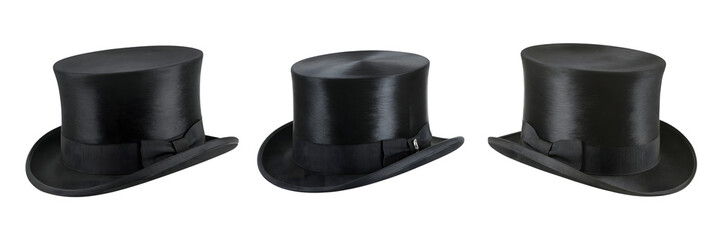 Collection for Three black top hats in a row isolated on transparent background