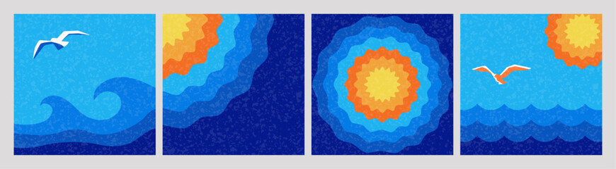 Collection of retro summer ocean backgrounds with sun, waves and seagulls. Vintage grainy textured sea landscapes in warm and blue tones. Perfect for travel banners, social media, posters, web headers © Olga Tsikarishvili