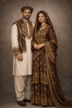 Afghan Pashtun Couple Wearing Traditional Ethnic Wedding Dress