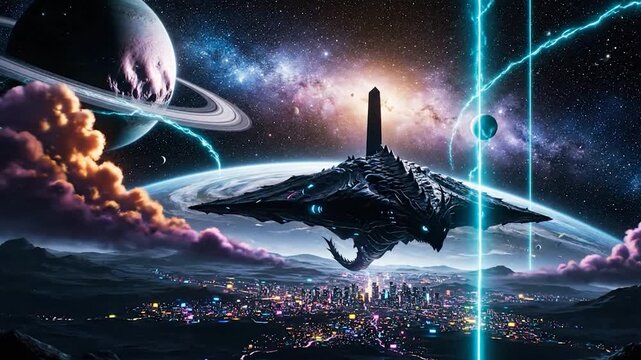 A futuristic spaceship hovers over a city at night with planets, galaxy, and lightning