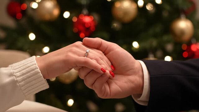 Couple holding hands with an engagement ring in front of a decorated Christmas tree