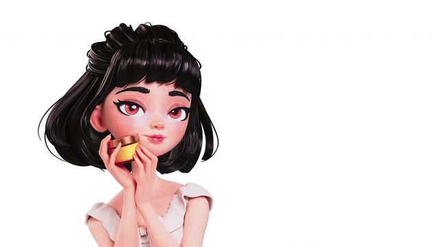 3D render of a cartoon Korean teen girl holding a face cream jar. Stylized brunette smiling and tapping yellow cream container. White background with copy space on the right for text or ads.