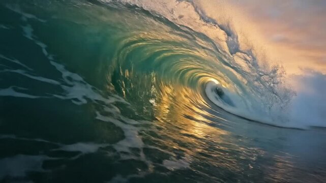 A massive wave curls over at sunrise on the ocean surface from a low viewpoint