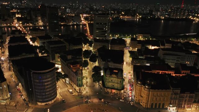 Drone Aerial of Marco Zero and Recife Antigo at Night &ndash; City Lights, Crowd and Capibaribe River, Pernambuco Brazil