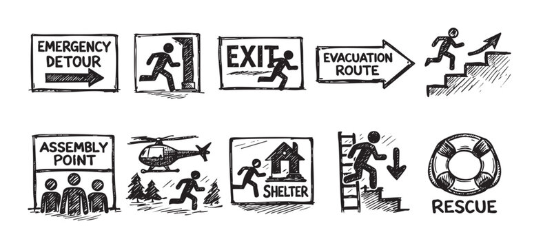 Black and white sketch icons depicting emergency procedures. Includes evacuation route, exit, assembly point, helicopter, rescue, shelter. Useful for safety, disaster prep, awareness campaigns.