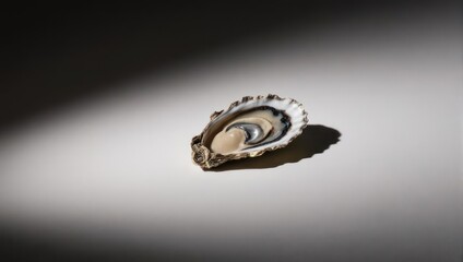 Single oyster on a white surface with dramatic lighting.