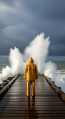 Fototapeta premium Solitary figure in yellow raincoat faces crashing wave on stormy pier under gloomy sky