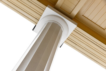 Yellow columned arcade with tall white pillar and crown molding isolated on white background. The warm yellow ceiling adds depth and elegance to a stately architectural setting © evannovostro