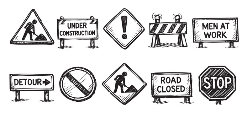 Black and white hand-drawn vector graphic of road construction and warning signs. Perfect for design, illustration, or safety concept. Isolated on white background.