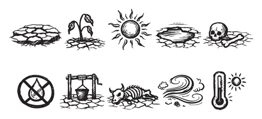 Obraz premium Hand-drawn style black and white icons show drought symptoms and climate change impacts. Could be used to visualize environmental issues and advocate for change.
