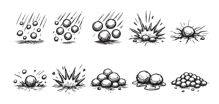 Hand drawn illustration depicts cannonballs in various stages of movement. From launch to impact and pooling liquid, this sequence is perfect for animation or design projects.