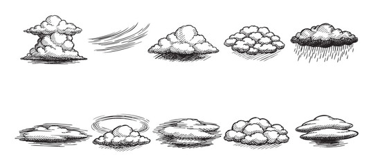 A collection of different cloud designs rendered in a hand-drawn sketch style. Perfect for weather forecasts, graphic design, or illustrations.