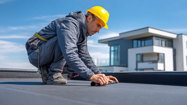 Roofer installing waterproof membrane on flat roof wearing yellow hat.