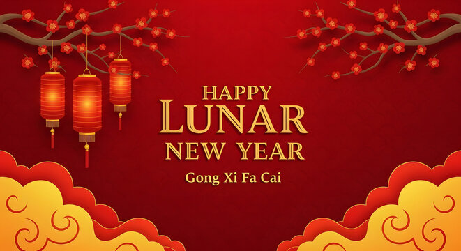 A vibrant red background with golden text wishing 'Happy Lunar New Year' and 'Gong Xi Fa Cai', adorned with traditional lanterns, blossoming branches, and auspicious cloud patterns.