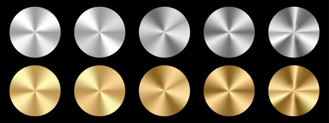 Set of ten circular metallic swatches featuring conical gradients in silver and gold tones