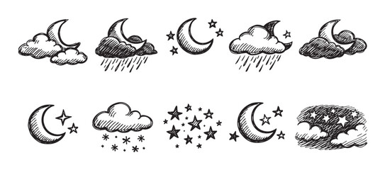 Obraz premium A collection of hand-drawn weather icons, including clouds, moon, stars, and rain, isolated on a white background. Useful for websites, apps, and print designs.