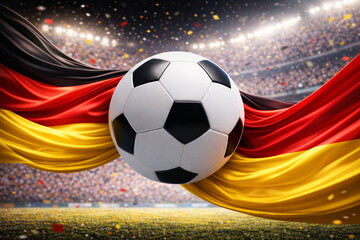 Fototapeta premium Soccer ball wrapped in national flag colors inside a packed stadium during World Cup 2026. Dramatic lights, confetti and crowd create intense anticipation for the global tournament.