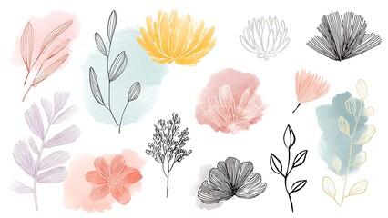 Sketchy Floral Doodles with Watercolor Backgrounds for Creative Projects