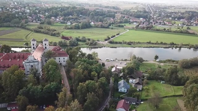 Right to left drone flight close to the Benedictine Abbey, Krakow, Poland