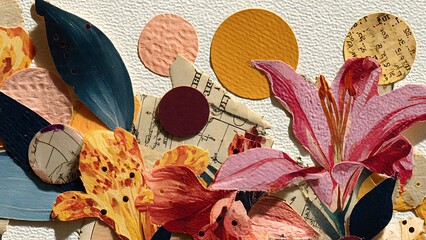 Vibrant Mixed Media Collage Artwork Featuring Flowers and Geometric Shapes