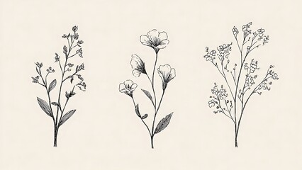 Delicate Botanical Doodles in Black Pigment on Soft Neutral Background