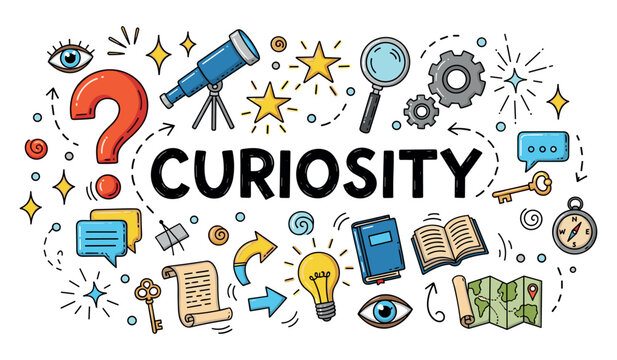 Colorful conceptual illustration of curiosity with exploration and discovery icons