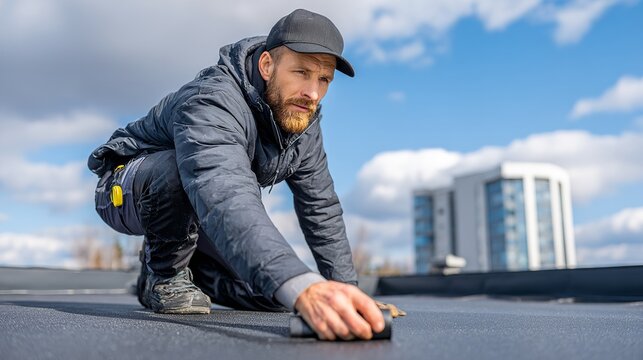 Roofer securing bitumen roll material on flat exterior structure top