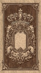 Ornate Heraldic Frame Design with Luxury Crown and Wooden Background