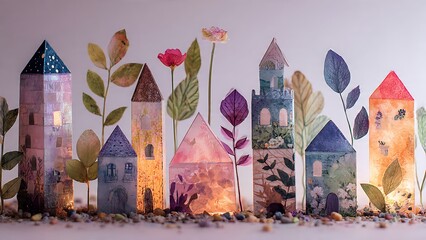 Colorful Art Collage of Tiny Houses and Towers Surrounded by Nature Elements
