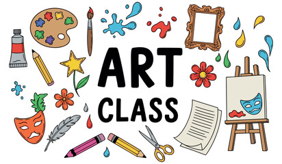 Art class elements: paint, brushes, palette, and creative tools