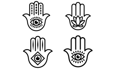 Fototapeta premium Collection of hamsa hand symbols with various designs including eyes and flowers in minimalist style for protection and blessing purposes in different cultures and religions.