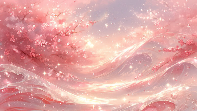 桜の花と柔らかなピンクの流線が交差する春の抽象背景